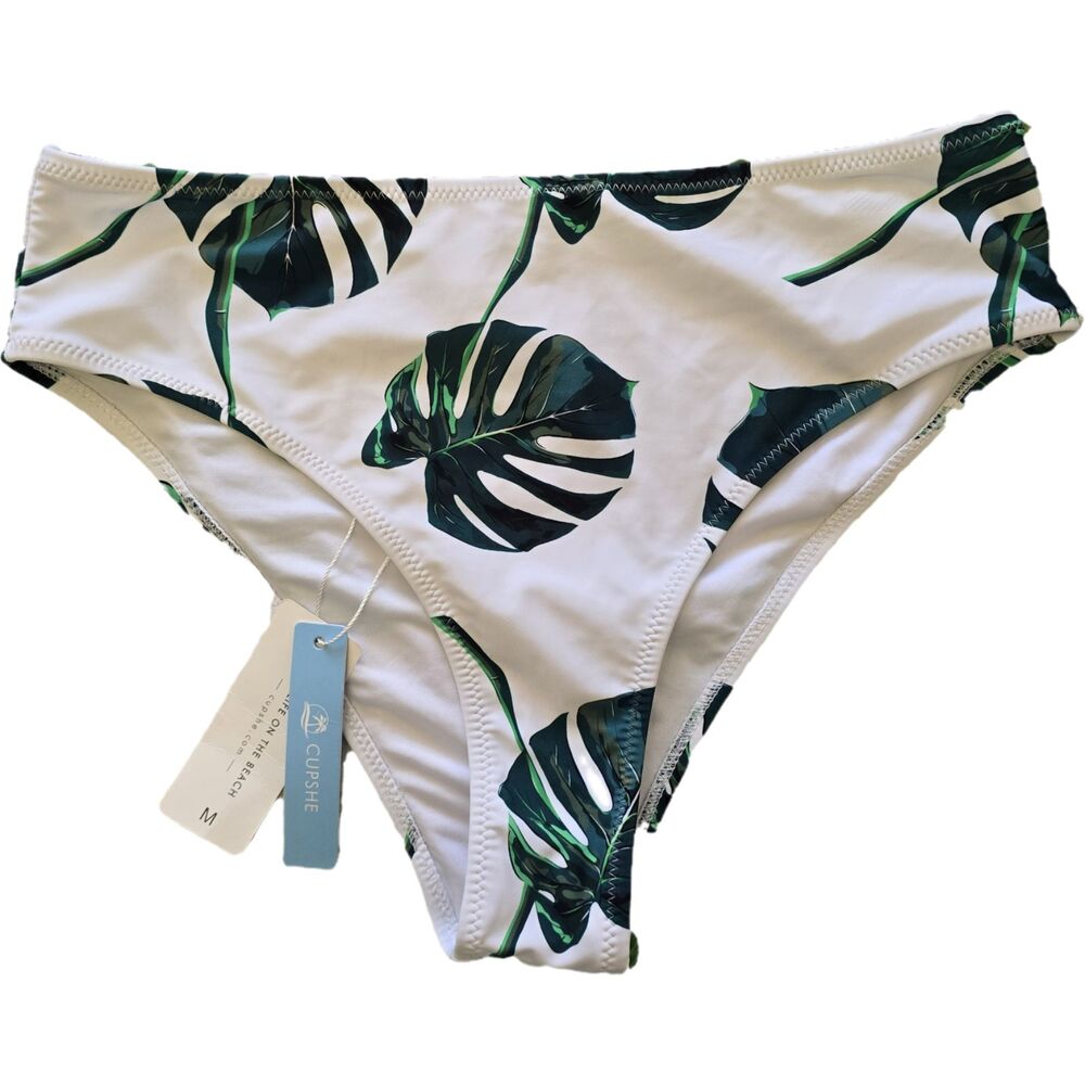 NWT Cupshe Swimsuit Bottom High Waist Monstera White Green Leaf M Vaca Resort